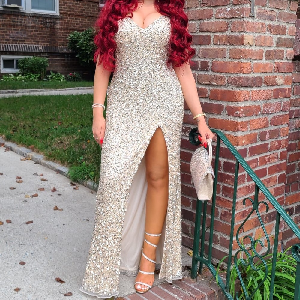 Camille La Vie gold sequins dress with slit